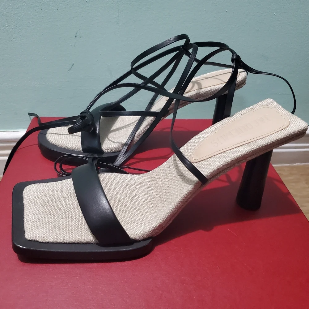 NEW JACQUEMUS Les Carre Rond Black Leather & Linen Sandals sz 38 - Picture 7 of 14